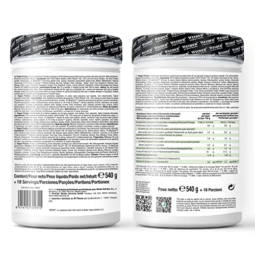 Weider Vegan Protein (750g) Gusto Cappuccino. Proteine Vegane 23g/dose isolate di piselli e riso, Con Vitamina B12 e Stevia, Senza Glutine, Senza Zucchero, Contenitore 50% Riciclato, 100% Riciclabile