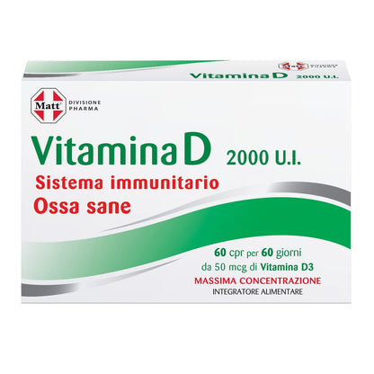 Matt, Vitamina D 2000 U.I., Integratore Alimentare per le Difese Immunitarie, Contribuisce al Mantenimento di Ossa e Denti Sani, Confezione da 60 Compresse