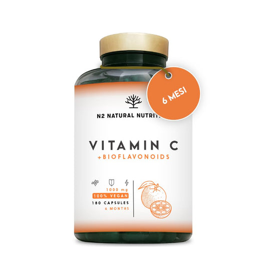 VITAMINA C 1000 mg ALTO DOSAGGIO + Bioflavonoidi - Naturale Vitamine C Complex Pura - Riduce la Stanchezza e la Fatica, Rafforza le Difese - Acido Ascorbico - 180 Capsule Vegano N2 Natural