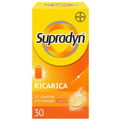 Supradyn Ricarica Multivitaminico Completo Vitamine e Minerali per Adulti, Integratore Vitamine A, B, C, D3, E, K, Magnesio, Calcio, Zinco, Selenio e Q10, Gusto Arancia 60 Compresse Effervescenti