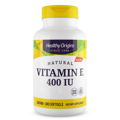 Healthy Origins, Natural Vitamin E, 400 UI per capsula, 180 Capsule morbide, Testato in Laboratorio, Senza Glutine, Non OGM, Vitamina E come tocoferolo