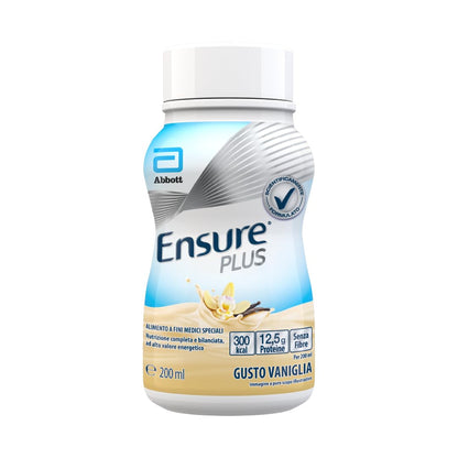 Ensure Plus Supplemento Nutrizionale Ipercalorico con Proteine, privo di Fibre |Formato bevanda| Alimento a fini medici speciali completo e bilanciato | Confezione 4x200ml Gusto Vaniglia