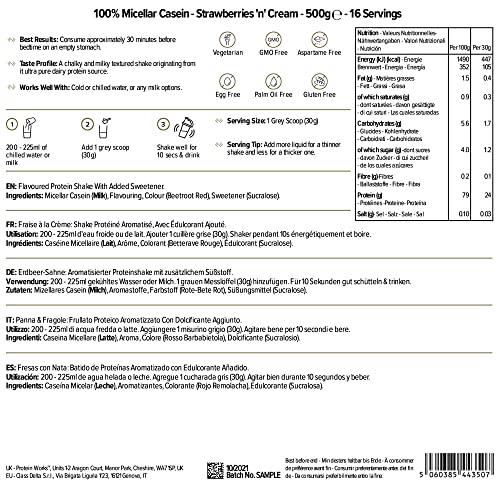 Caseina Micellare 100% Proteine In Polvere THE PROTEIN WORKS | Frullato Proteico A Rilascio Lento | Aminoacidi | Supporta Il Recupero | Panna & Fragole, 500 g