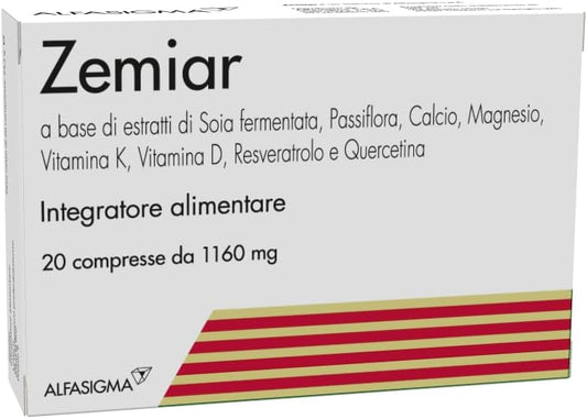 Zemiar Integratore a base di estratti di soia fermentata, passiflora, calcio, magnesio, vitamina K, vitamina D, resveratrolo e quercetina, per contrastare gli effetti della menopausa, 20 compresse