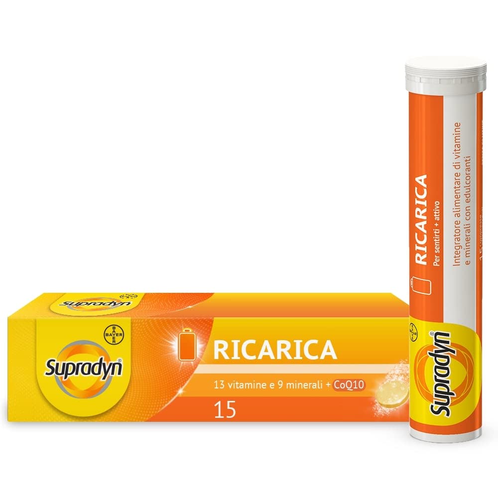 Supradyn Ricarica Multivitaminico Completo Vitamine e Minerali per Adulti, Integratore Vitamine A, B, C, D3, E, K, Magnesio, Calcio, Zinco, Selenio e Q10, Gusto Arancia 60 Compresse Effervescenti