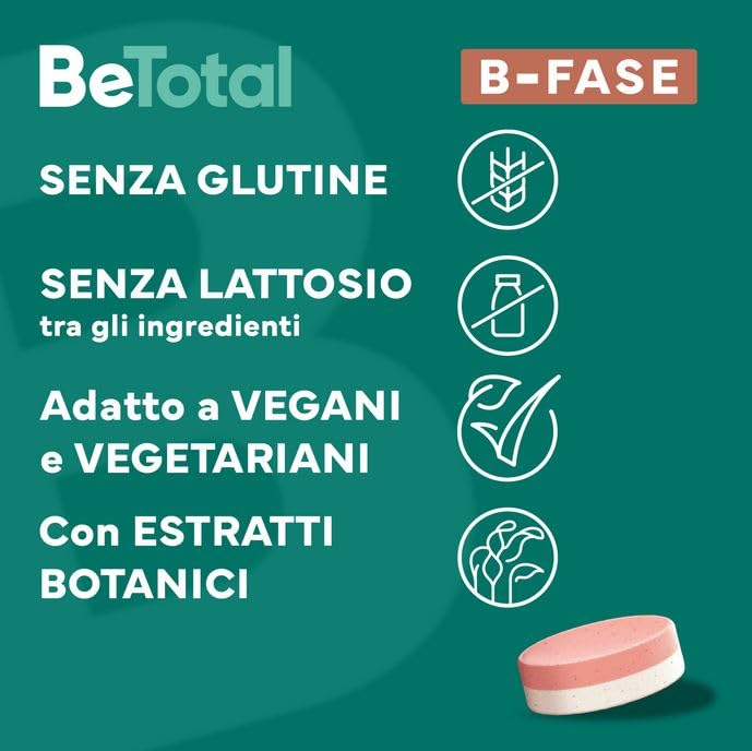 Be-Total B-Fase Integratore Alimentare con Biotina, Vitamina B, Rodiola Rosea e Teobroma Cacao per un sostegno Rapido e Prolungato alla tua Energia, 20 compresse doppio strato