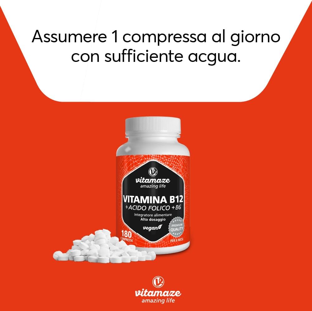 Vitamina B12 1000 mcg + 375 mcg Acido Folico + Vitamina B6 ad alto Dosaggio (6 mesi di trattamento) 180 Compresse Vegan, Qualità Tedesca. Vitamaze®