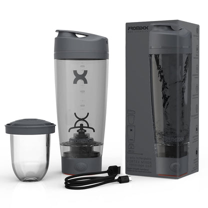 Promixx Pro Shaker Bottle - Ricaricabile, Potente per Frullati Proteici Lisci - Includere Deposito di Proteine - senza BPA - Tazza da 600 ml (Grafite/Arancia)