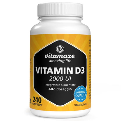 Vitamaze® Vitamina D3 240 compresse Alto dosaggio e vegetariana per più di 1 anno, 2000 UI, 50 mcg di colecalciferolo puro, integratore alimentare naturale senza additivi, Prodotto in Germania