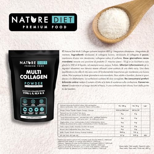 Nature Diet Multi Collagene in Polvere Non Aromatizzato Idrolizzato Collagene peptidico di tipo: I, II, III, V e X, altamente biodisponibile, collageno peptide, 400G