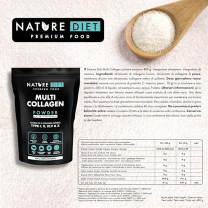 Nature Diet Multi Collagene in Polvere Non Aromatizzato Idrolizzato Collagene peptidico di tipo: I, II, III, V e X, altamente biodisponibile, collageno peptide, 400G