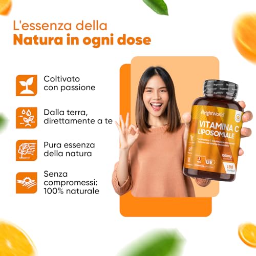 Vitamina C Liposomiale, Sistema Immunitario, Ossa, Pelle, Stanchezza, Vitamina C Pura 180 Capsule, Vitamina C 1000mg Vegan, Vit C Liposomiale Acido Ascorbico 3 Mesi, Vitamina C Naturale Alto Dosaggio