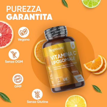 Vitamina C Liposomiale, Sistema Immunitario, Ossa, Pelle, Stanchezza, Vitamina C Pura 180 Capsule, Vitamina C 1000mg Vegan, Vit C Liposomiale Acido Ascorbico 3 Mesi, Vitamina C Naturale Alto Dosaggio