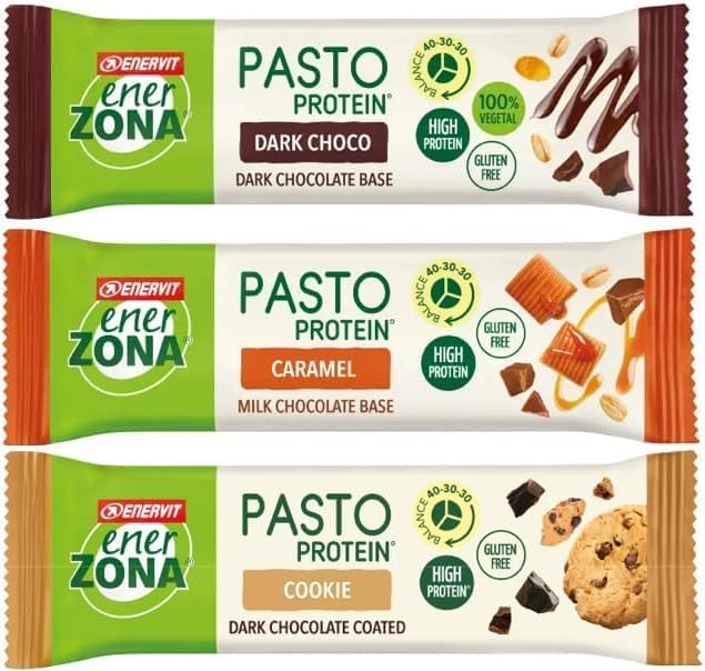 Enervit, Enerzona Pasto Variety Pack 24 Barrette : 8 Gusto Dark Choco, 8 Gusto Caramello, 8 Gusto Cookie, Enervit Barrette Proteiche, Barrette Enerzona 40-30-30, Pasto Sostitutivo, Senza Glutine