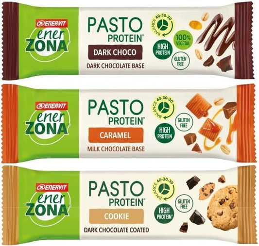 Enervit, Enerzona Pasto Variety Pack 24 Barrette : 8 Gusto Dark Choco, 8 Gusto Caramello, 8 Gusto Cookie, Enervit Barrette Proteiche, Barrette Enerzona 40-30-30, Pasto Sostitutivo, Senza Glutine