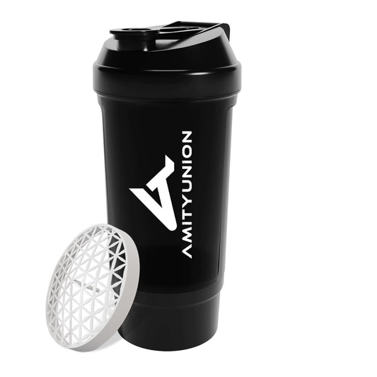 AMITYUNION Shaker per proteine FYRA 700 ml con contenitore - scomparto polvere - shaker per proteine, senza BPA con setaccio e scala per frullati di siero di latte e BCCA, (Black)