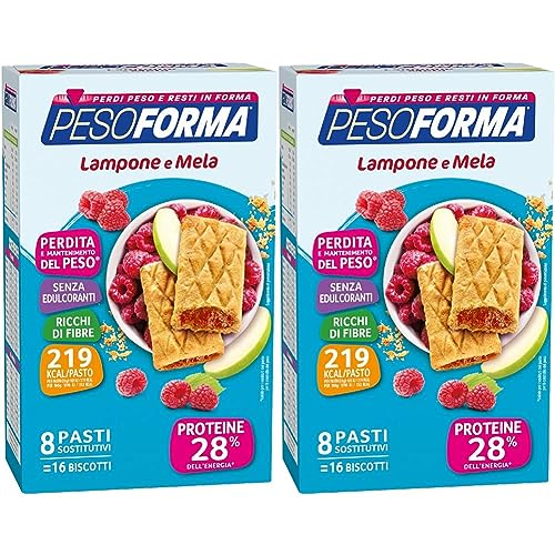 Pesoforma Biscotti Lampone e Mela, Pasto sostitutivo proteico, Per rimettersi in forma con gusto, Solo 219 calorie, Nuovo formato, 16 biscotti, 8 pasti sostitutivi