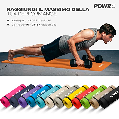 POWRX Tappetino Fitness Antiscivolo 190 x 60, 80, 100 cm - Ideale per Yoga, Pilates e Ginnastica - Extra Morbido e Spessore da 1,5 cm o 1 cm - Ecocompatibile con Tracolla e Sacca Trasporto + Poster