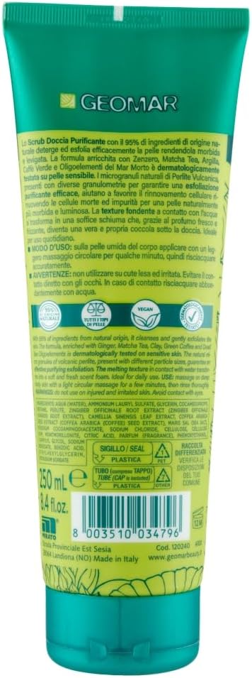 GEOMAR | Scrub Corpo Doccia, Purificante, 2 in 1 Esfolia e Deterge, Uso Quotidiano, 95% di Origine Naturale, Formula Vegan, Dermatologicamente Testata, Made in Italy, 250 ml