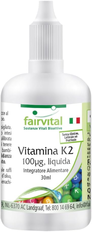 Fairvital | Vitamina K2 100mcg liquida - per 3 mesi - VEGAN - 30ml - menaquinone da natto - all-trans MK-7