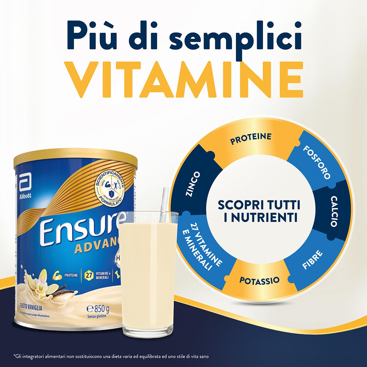 Ensure Advance Integratore Alimentare Proteico in Polvere, con 27 Vitamine e Minerali, Integratore Alimentare con Proteine, Calcio e HMB, Confezione 850g, Gusto Vaniglia