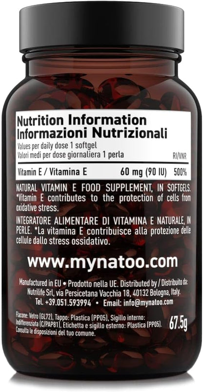 NÄTOO Vitamina E 60mg (90UI) Softgel 90 perle. Integratore naturale (D-Alfa-Tocoferolo) - Vitamina E Pura potente antiossidante - Alto dosaggio 500% del VNR