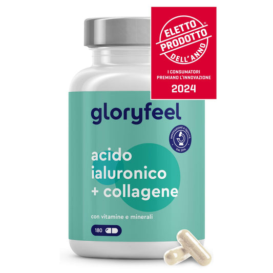 Collagene e Acido Ialuronico Integratore 180 Capsule, + Vitamina C, Biotina, Zinco e Selenio, 1000mg Collagene Idrolizzato + 200mg Acido Ialuronico con Bambù & Silicio