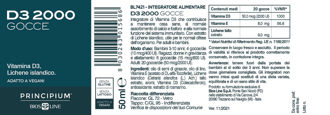 BIOS LINE Principium D3 2000, Integratore di vitamina d3 estratto da Lichene Islandico, Integratore bambini e adulti per ossa e denti, 60 compresse