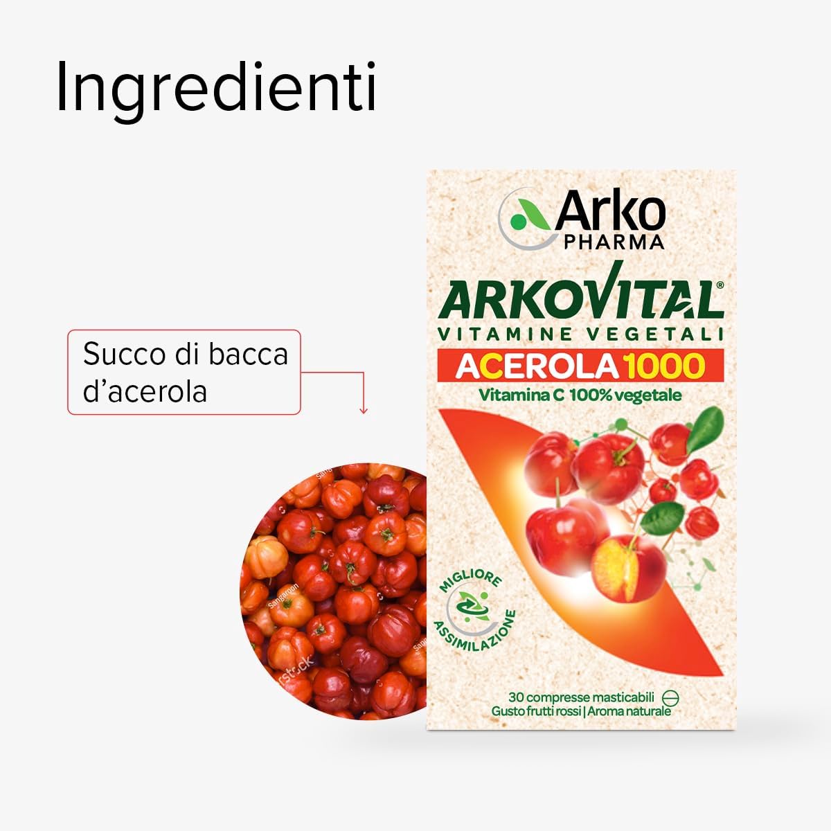 Arkopharma Arkovital Acerola 1000 - Integratore Alimentare con Vitamina C - 100% Origine Vegetale - 1 Confezione da 60 Compresse - Per tutta la Famiglia