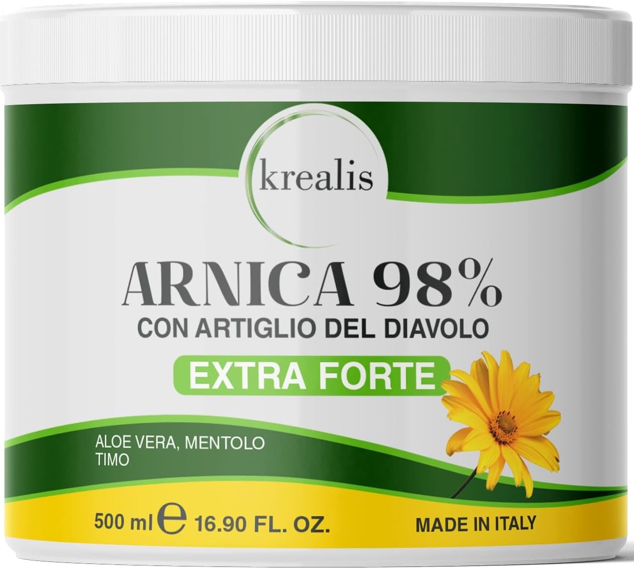 KREALIS 500ml Arnica per Cavalli Uso Umano 98% Extra Forte, Arnica Gel Forte Potenziata con Artiglio del Diavolo Forte, Crema Arnica Massaggio a Muscoli e Articolazioni Azione Intensa, Made in Italy