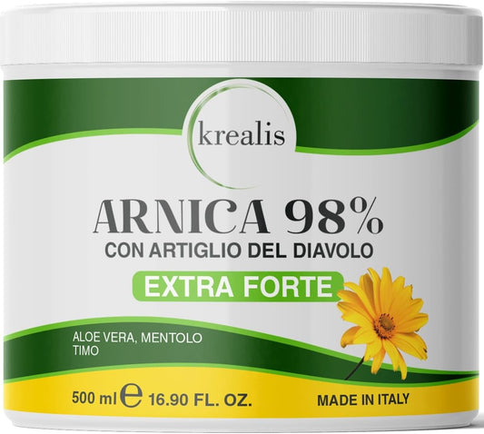 KREALIS 500ml Arnica per Cavalli Uso Umano 98% Extra Forte, Arnica Gel Forte Potenziata con Artiglio del Diavolo Forte, Crema Arnica Massaggio a Muscoli e Articolazioni Azione Intensa, Made in Italy