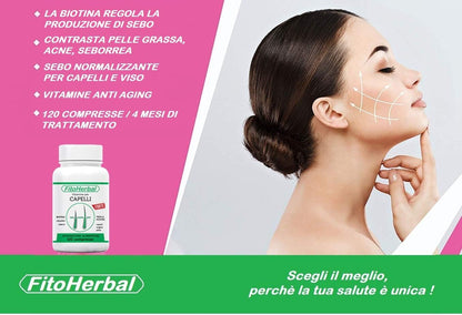 FitoHerbal Biotina + Zinco + Selenio 120 Compresse Integratore Tripla Azione Per Crescita Capelli, Migliora Aspetto Cutaneo Viso, Ridona Forza Resistenza alle Unghie. Qualità Made in Italy