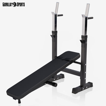 GORILLA SPORTS® Panca Pesi - con Porta Bilanciere, Regolabile e Pieghevole, Carico Max. 200kg, in Altezza, Nera/Bianca - Panca Piatta, Palestra, per Sollevamento, Multifunzione, Allenamento, Fitness