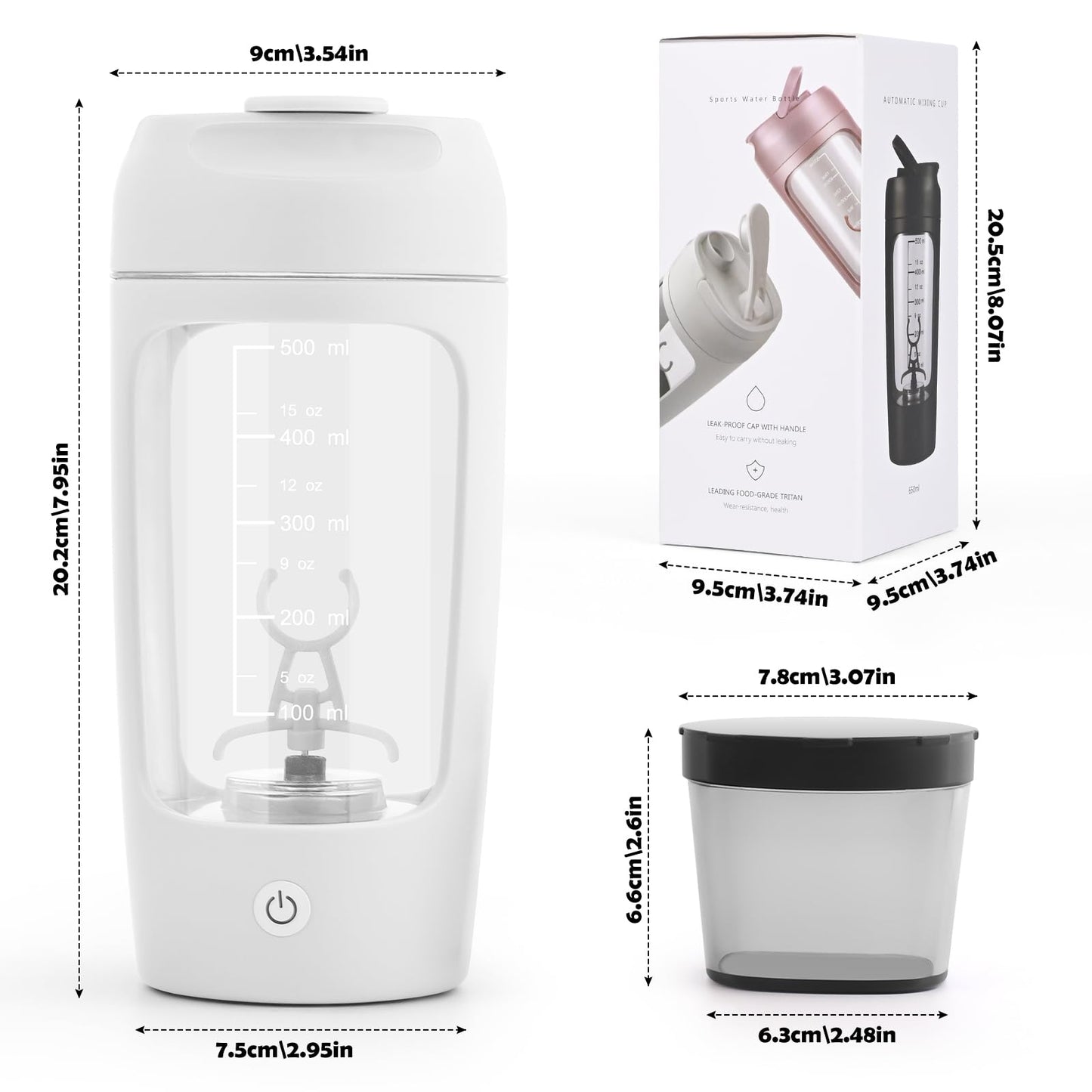 Shaker Proteine Elettrico, 650 ml, frullatore elettrico per frullati proteici ricaricabile USB C, Tazze Shaker Ricaricabili, Protein Shaker Bottle con Vano Portaoggetti, per Frullati Proteici (bianco)