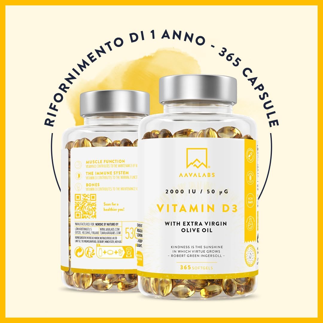 Vitamina D3 2000 UI [Fornitura di 1 Anno] - Integratore Vitamina D 2000 UI con Olio EVO per assorbimento ottimale - Non OGM - Contribuisce alla funzione ossea, muscolare e immunitaria - 365 Capsule