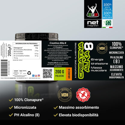 NET Integratori CREATINA ALKA 8-200g Arancia - Creatina Monoidrata Micronizzata Clonapure - Pre-Post Workout, Rapida Produzione Energetica, Contrasta Fatica e Massimizza la Crescita Muscolare