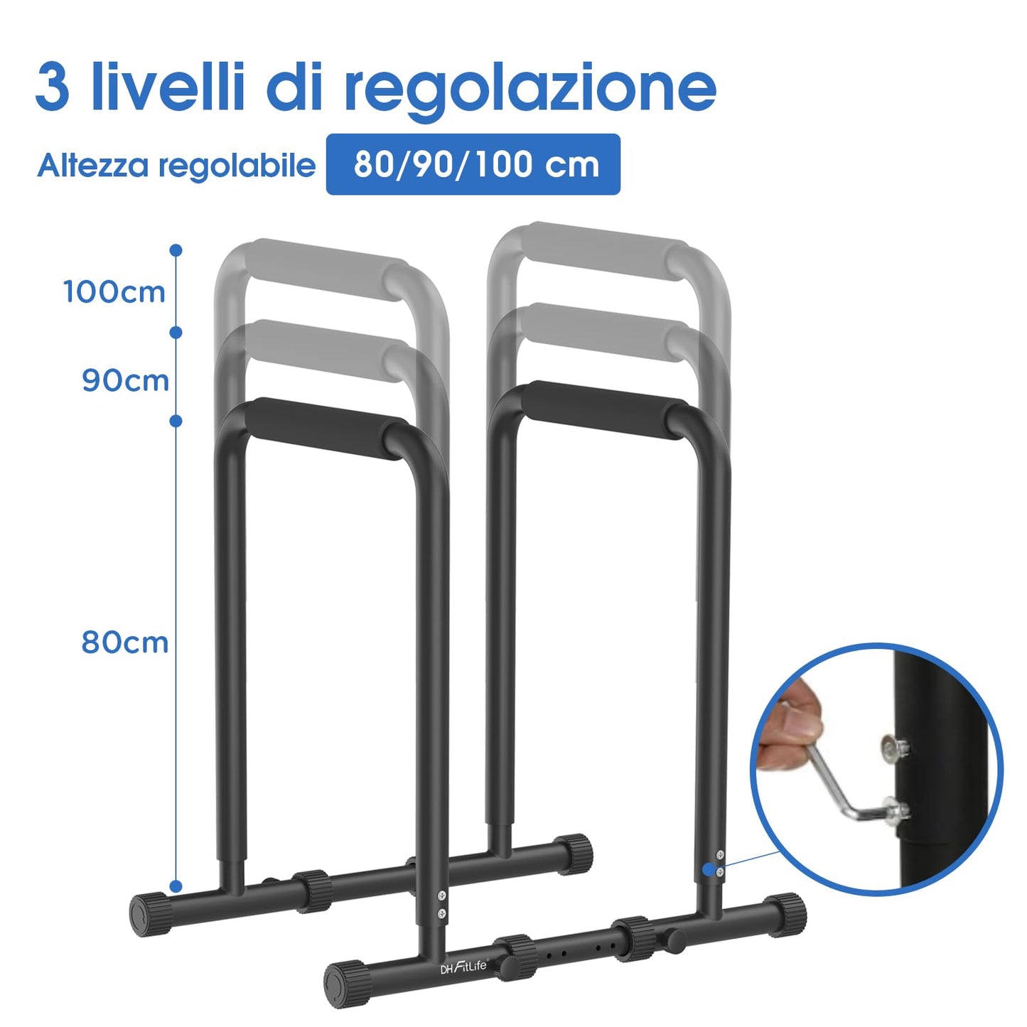 DH FitLife - Dip Parallele Calisthenics Robuste, Stabili e Versatili per Allenamento a Casa | Dip Station Regolabile in 2 Versioni: 3 o 9 Altezze, Ideale per Parallele Dip, Push Up e Sviluppo Forza