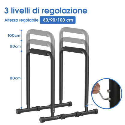 DH FitLife - Dip Parallele Calisthenics Robuste, Stabili e Versatili per Allenamento a Casa | Dip Station Regolabile in 2 Versioni: 3 o 9 Altezze, Ideale per Parallele Dip, Push Up e Sviluppo Forza