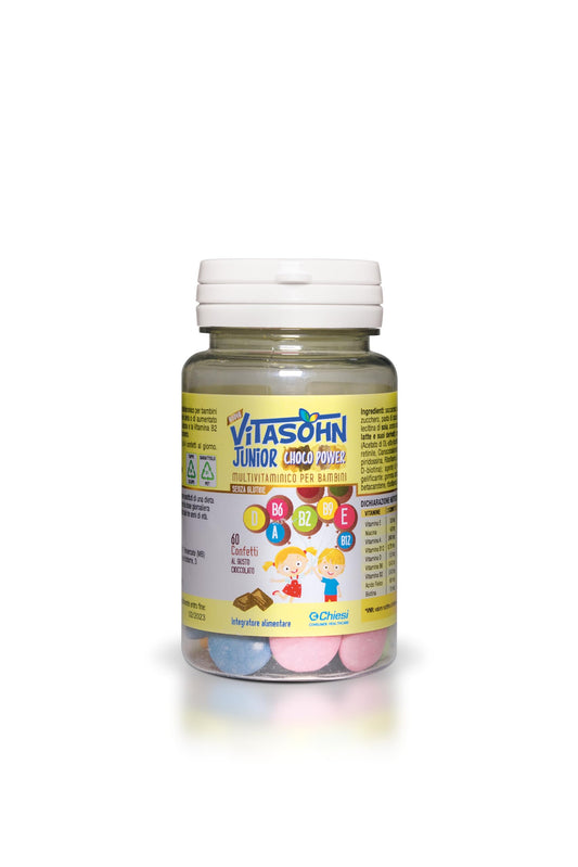 Chiesi, Vitasohn Junior Choco Power - 60 Confetti - Integratore Alimentare Multivitaminico per Bambini, Senza Glutine, al Gusto Cioccolato