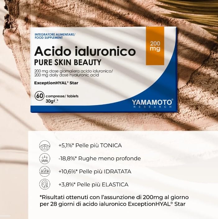 YAMAMOTO RESEARCH, Acido Ialuronico Pure Skin Beauty, 60 compresse, Migliora l'elasticità della pelle, Riduce le rughe, Stimola la produzione di collagene per un effetto lifting naturale, Slow-age