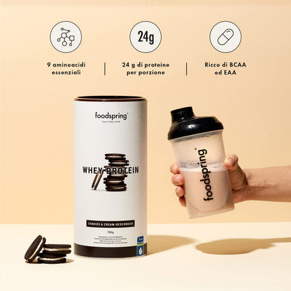 foodspring - Proteine Whey in polvere Cioccolato - Con 21 g di proteine per l'aumento muscolare, perfetta solubilità, ultra-filtrate & ricche di BCAA ed EAA - gusto pieno e delizioso (750 g)