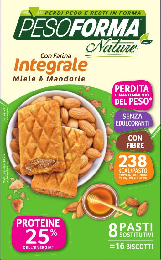 Pesoforma 16 Biscotti, Miele e Mandorle, con Farina integrale, per Rimettersi in Forma con Gusto, solo 238 Calorie, 8 Pasti Sostitutivi