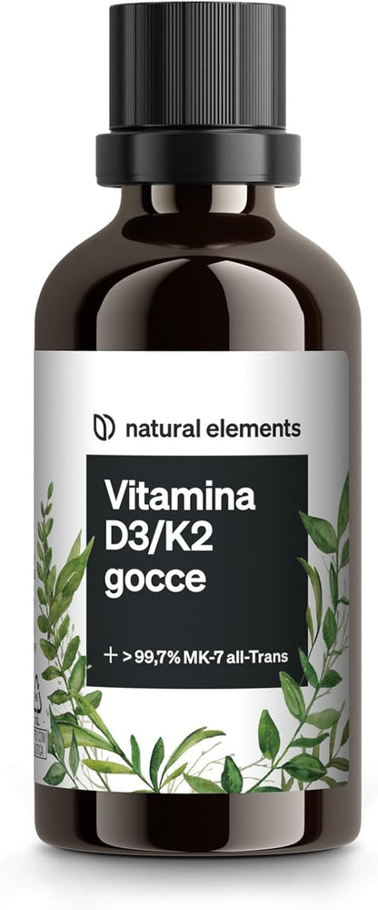 Vitamina D3 + K2 in gocce da 50 ml – Premium: meno che 99,7% all-trans (K2VITAL® di Kappa) + D3 ad alta biodisponibilità – natural elements – Integratore Vitamin D – alto dosaggio, liquida