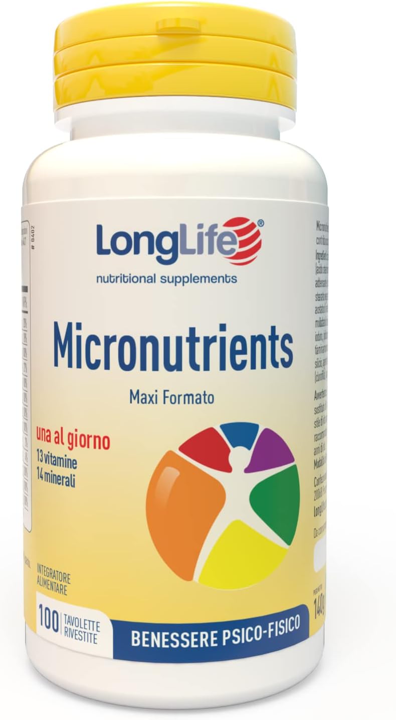 LongLife® Micronutrients 100 tav | Integratore multivitaminico | Alto dosaggio | Benessere psicofisico | Sostegno immunitario, psicologico, muscolare | Oltre 3 mesi di trattamento | Senza glutine