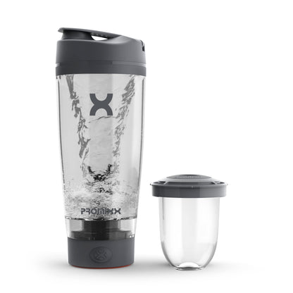 Promixx Pro Shaker Bottle - Ricaricabile, Potente per Frullati Proteici Lisci - Includere Deposito di Proteine - senza BPA - Tazza da 600 ml (Grafite/Arancia)