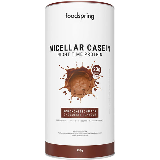 foodspring Caseina micellare per recupero notturno - Caseine proteine favorisce crescita e recupero muscolare - 23g di proteine caseina per frullato e senza zucchero (750g | Cioccolato)