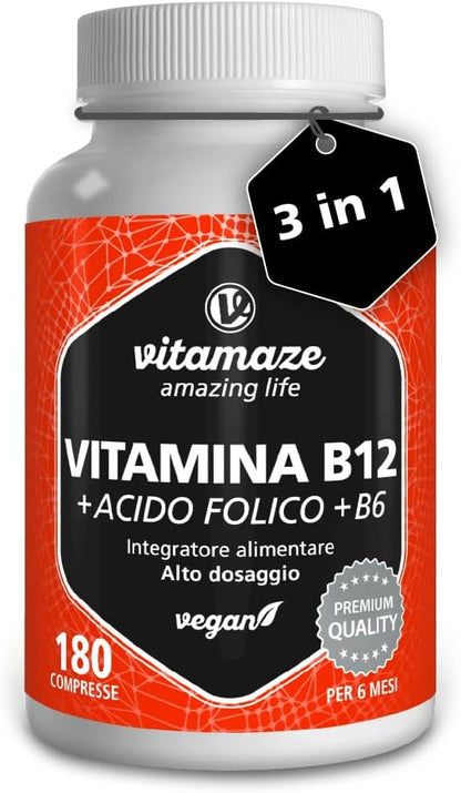 Vitamina B12 1000 mcg + 375 mcg Acido Folico + Vitamina B6 ad alto Dosaggio (6 mesi di trattamento) 180 Compresse Vegan, Qualità Tedesca. Vitamaze®