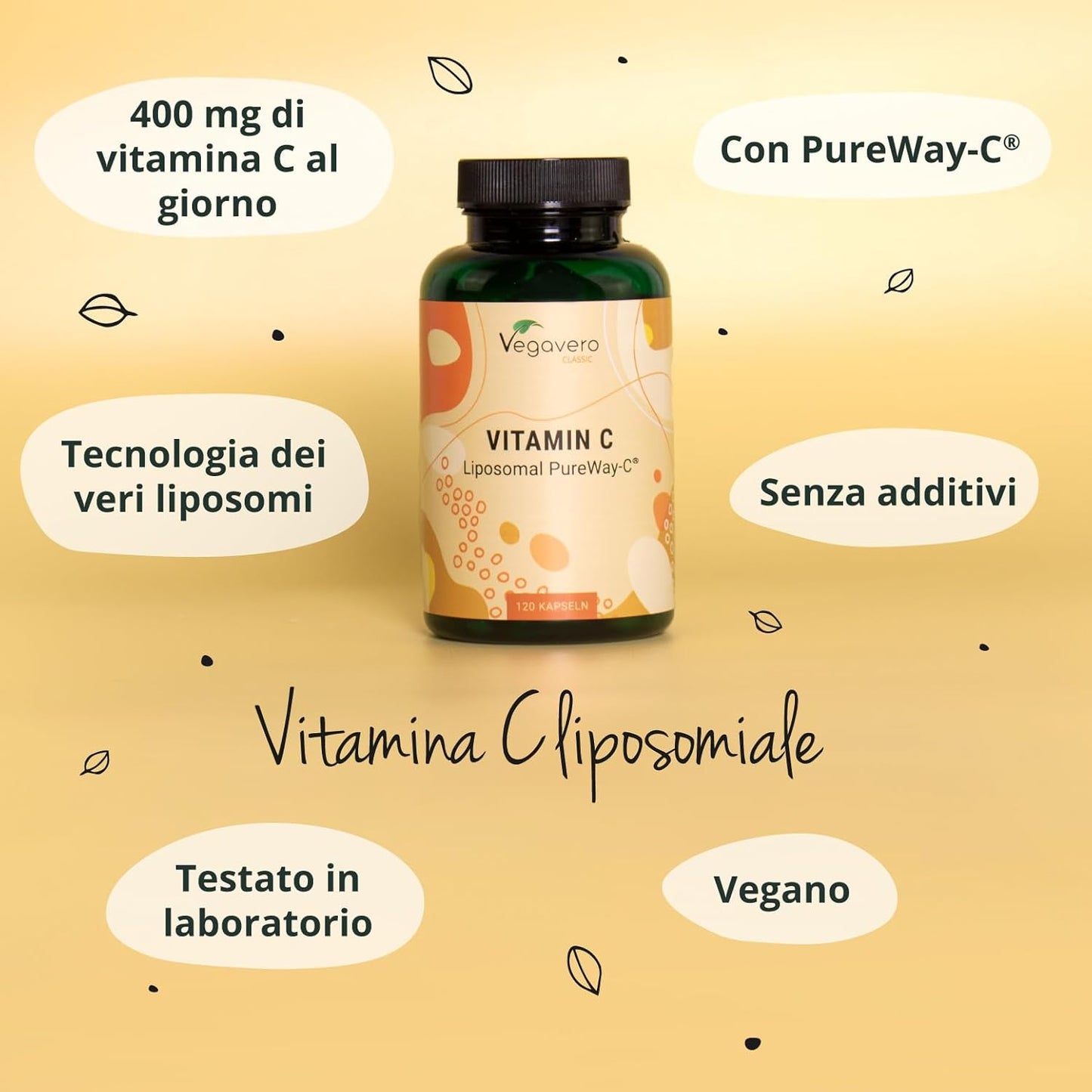 Vitamina C Liposomiale | Dosaggio Ottimale | Pureway-C™ | Alta Biodisponibilità | Acido Ascorbico Puro | 120 Capsule | Vegano & Senza Additivi | Vegavero®