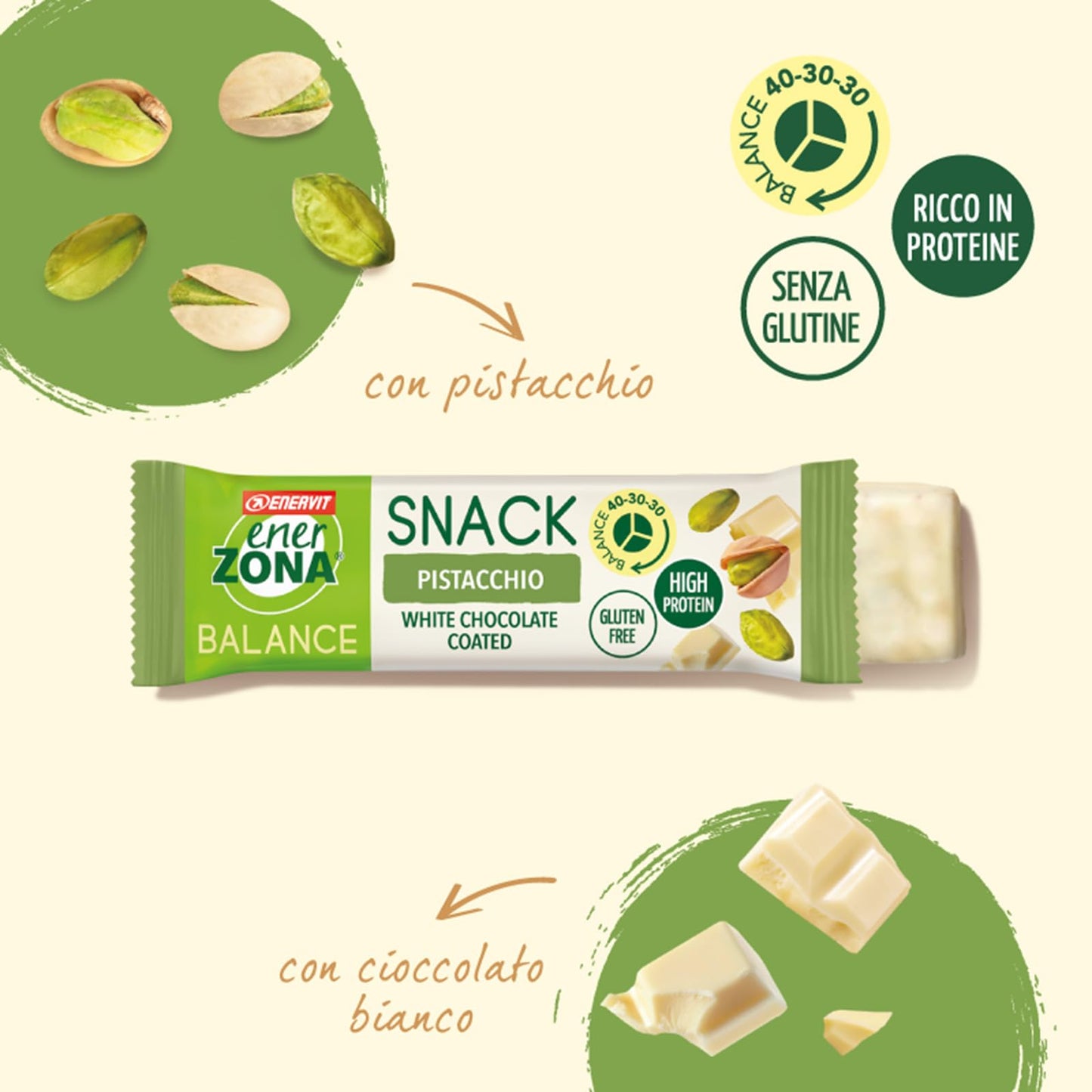 Enervit, Enerzona Protein Snack 40-30-30 Gusto Pistacchio, 10 Barrette Proteiche da 33gr Dieta a Zona con Proteine del Latte e Fibre, per Mantenere il Tono Muscolare, Senza Olio di Palma