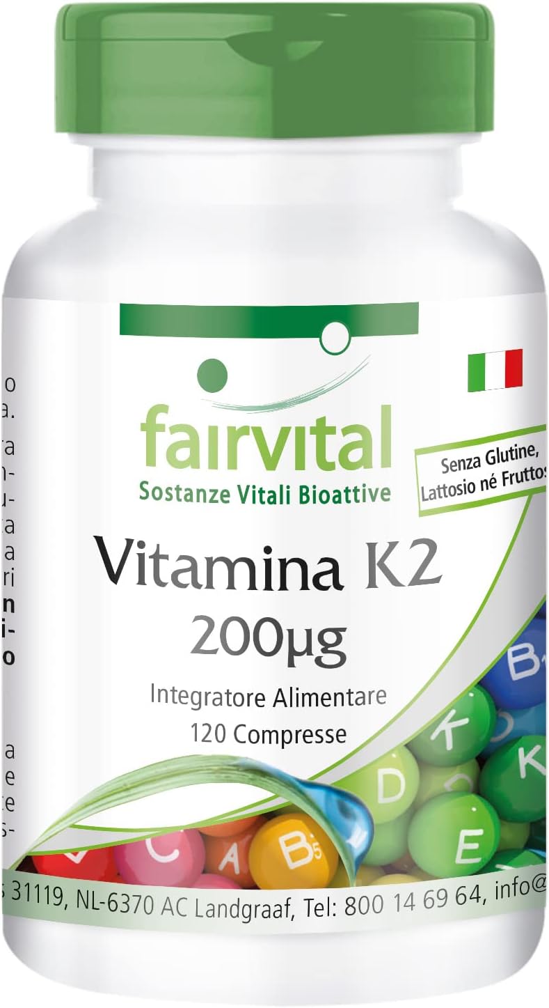 Fairvital | Vitamina K2 200mcg - 4 mesi - VEGAN - alto dosaggio - 120 compresse - menachinone da natto - MK-7